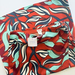 NWT Sigrid Olsen Rust Orange Aqua Blue Tropical Floral Satin Midi Skirt XS